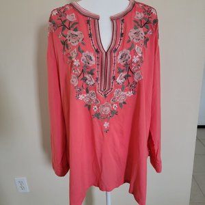 Woman Within Tunic L Embroidered Coral Asymmetrical Hem Floral Blouse Coral Boho